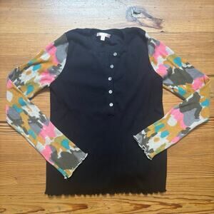 Lisa Todd black colorful sleeve henley ribbed long sleeve shirt SIZE M